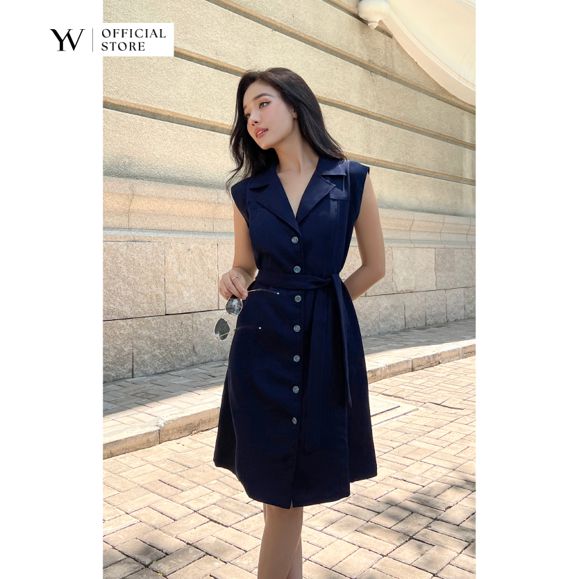 Đầm navy cổ vest thắt belt - YV LE & CO