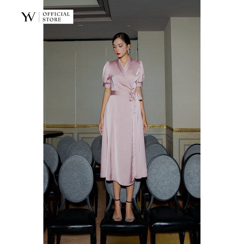 Đầm hồng đắp chéo cột eo YV LE & CO vải lụa satin cao cấp cao cấp thanh lịch sang trọng