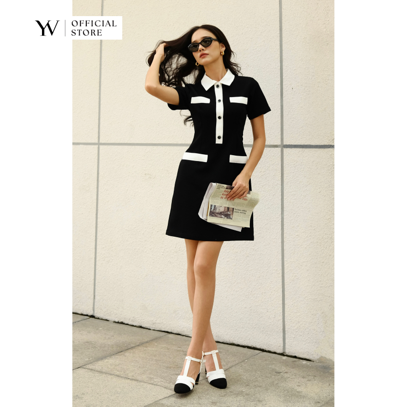 Đầm đen cổ trụ phối trắng - YV LE & CO