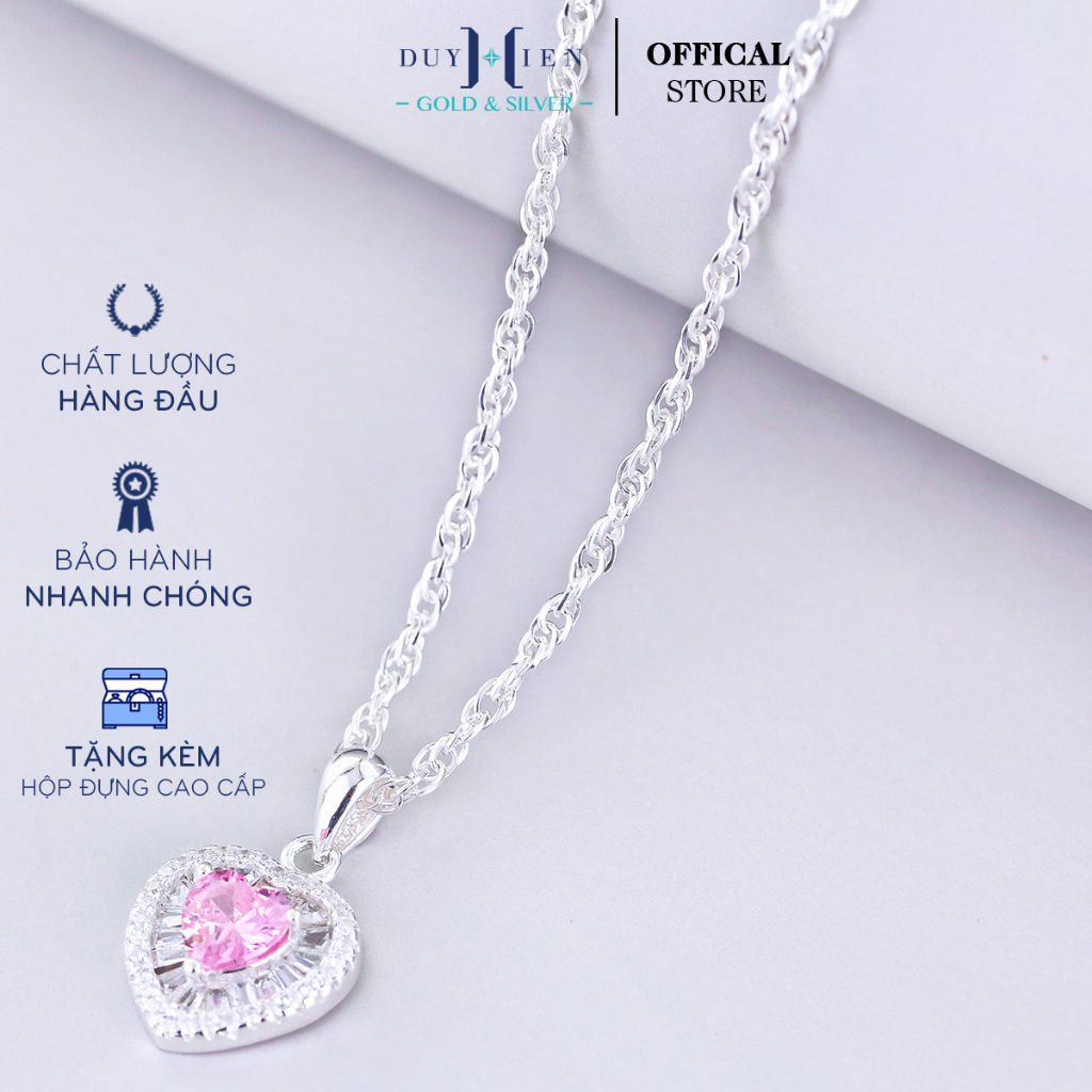 Dây Chuyền Bạc Duy Hiển S990 Nguyên Chất Cho Bé Gái Hình Trái Tim Đá Hồng Đẹp Lung Linh Nổi Bật