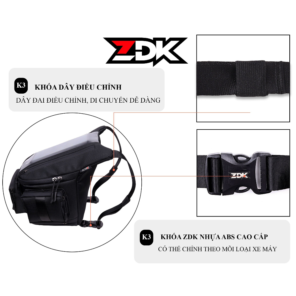 Túi Treo Đầu Xe Máy ZDK K3 Nhiều Ngăn, Túi Đựng Điện Thoại Có Cảm Ứng,Có Đường Đi Dây Sạc, Dung Tích Lớn, Kháng Nước Nhẹ