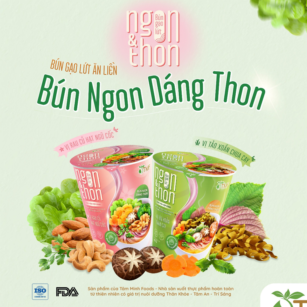 Combo 2 ly bún gạo lứt ăn liền NGON & THON vị rau củ hạt ngũ cốc và tảo xoắn chua cay