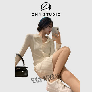 Váy body nữ, Đầm sơ mi polo 💋 tay dài💋 màu trắng dệt kim phong cách Hàn Quốc
