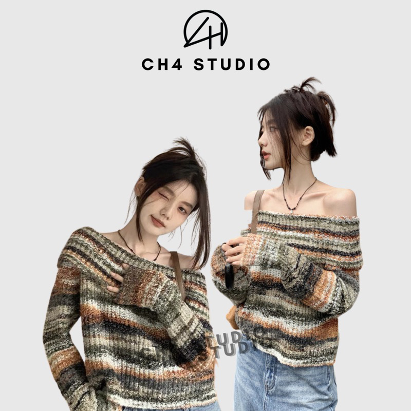 Áo len nữ dệt kim trễ vai, áo sweater bánh bèo nữ tính màu nâu xám sọc ngang