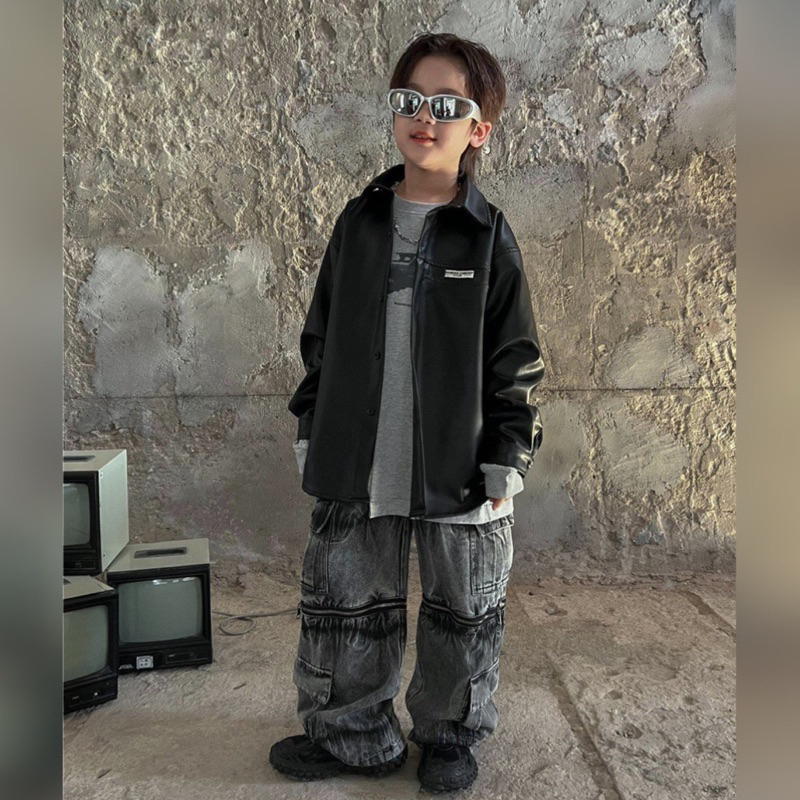 Áo khoác da bé trai kiểu sơ mi A372 size 100-160, quần áo trẻ em thu đông cao cấp