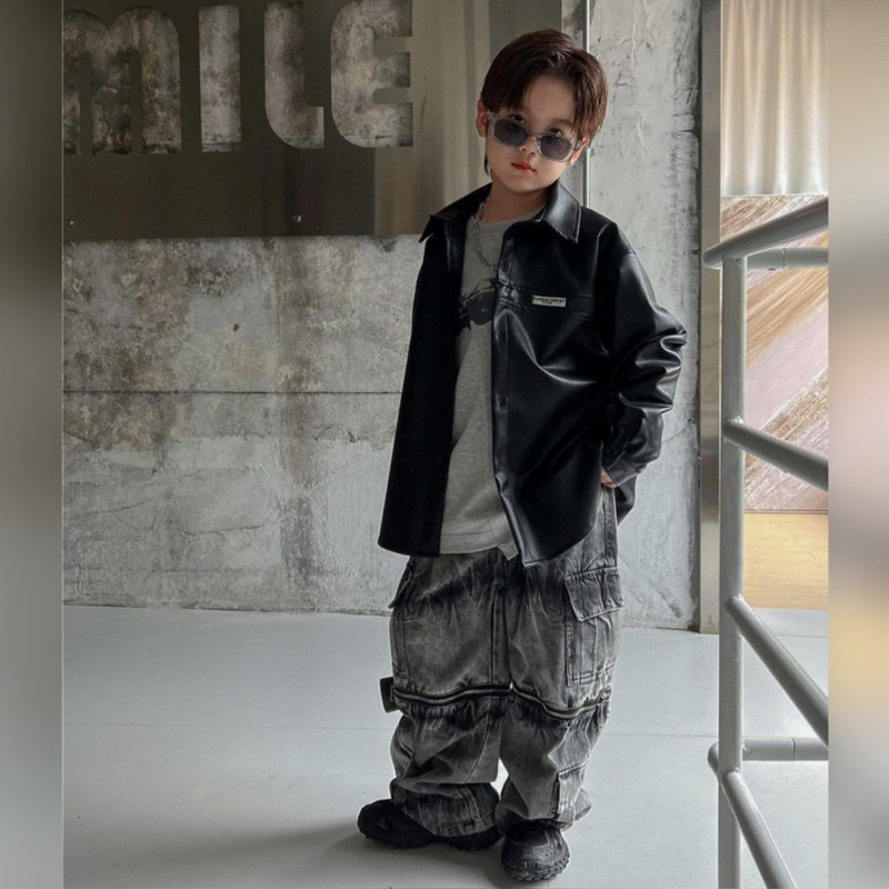 Áo khoác da bé trai kiểu sơ mi A372 size 100-160, quần áo trẻ em thu đông cao cấp