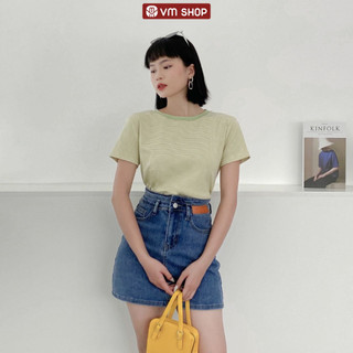 Áo thun kẻ sọc ngang cổ màu VM Shop form lửng, áo phông nữ tay ngắn xinh Hàn Quốc ulzzang 9515 ATU00131