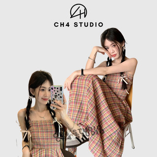 Váy hai dây, đầm nữ dáng dài kẻ sọc caro phần thân chun dáng xoè