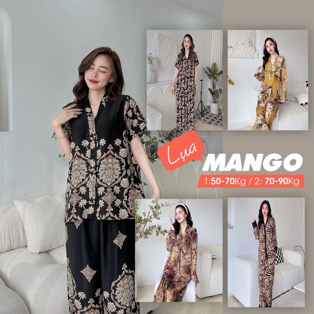 Đồ bộ pijama bigsize CỔ TIM tay cộc, dài quần dài chất lụa Mango size M(50-70kg)