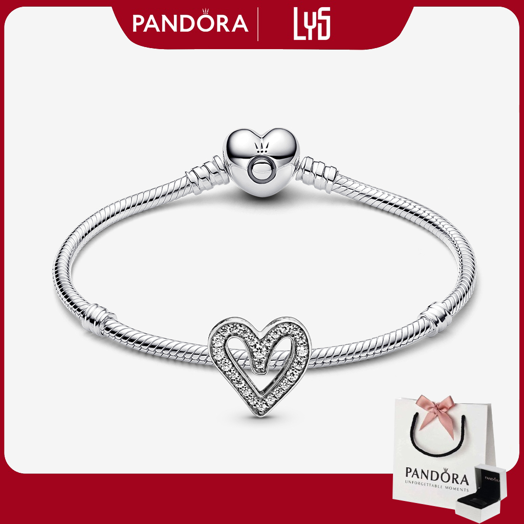 Vòng Tay Pandora Mix Charm Fullbox Bạc S925 - Vòng Pandora bạc mềm với khóa trái tim và Charm bạc hình trái tim