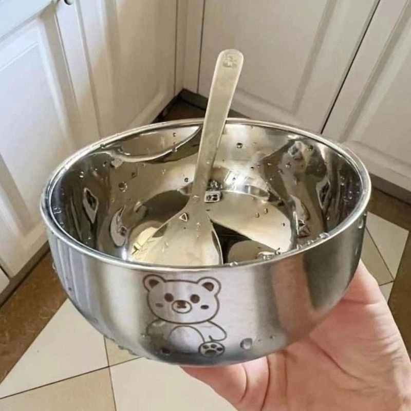 Set bát kèm thìa ăn dặm inox 304 in hình ngộ nghĩnh cho bé siêu xịn XIAOMIMI