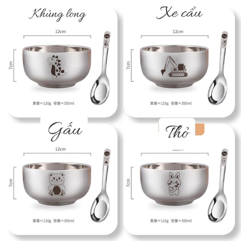 Set bát kèm thìa ăn dặm inox 304 in hình ngộ nghĩnh cho bé siêu xịn XIAOMIMI