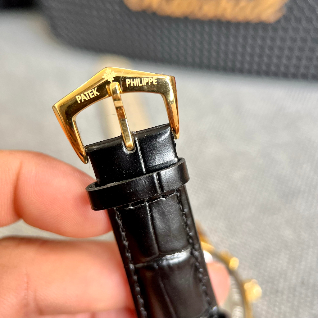 Đồng hồ Nam Ptek mặt đen vành đá vuông trăng sao máy nhật chạy cơ Automatic có thứ ngày tháng vỏ vàng gold dây da