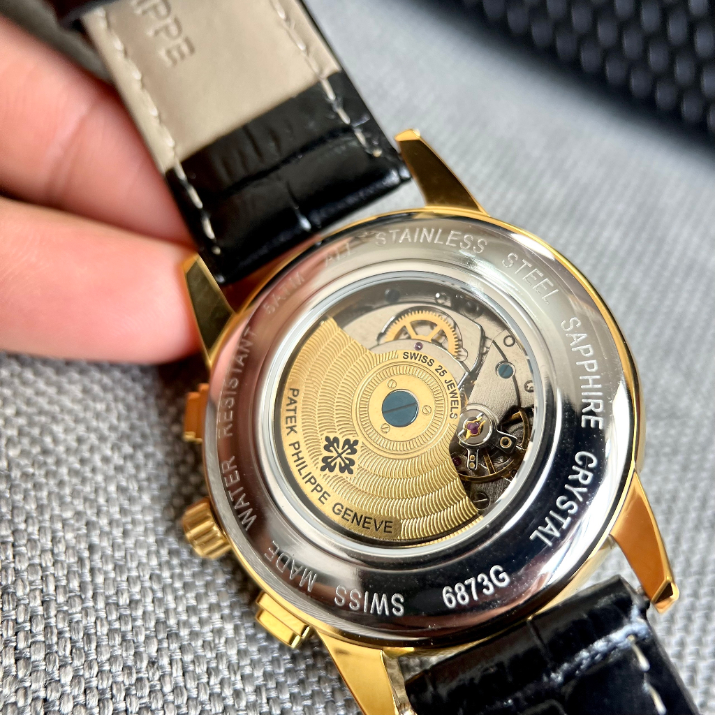 Đồng hồ Nam Ptek mặt đen vành đá vuông trăng sao máy nhật chạy cơ Automatic có thứ ngày tháng vỏ vàng gold dây da
