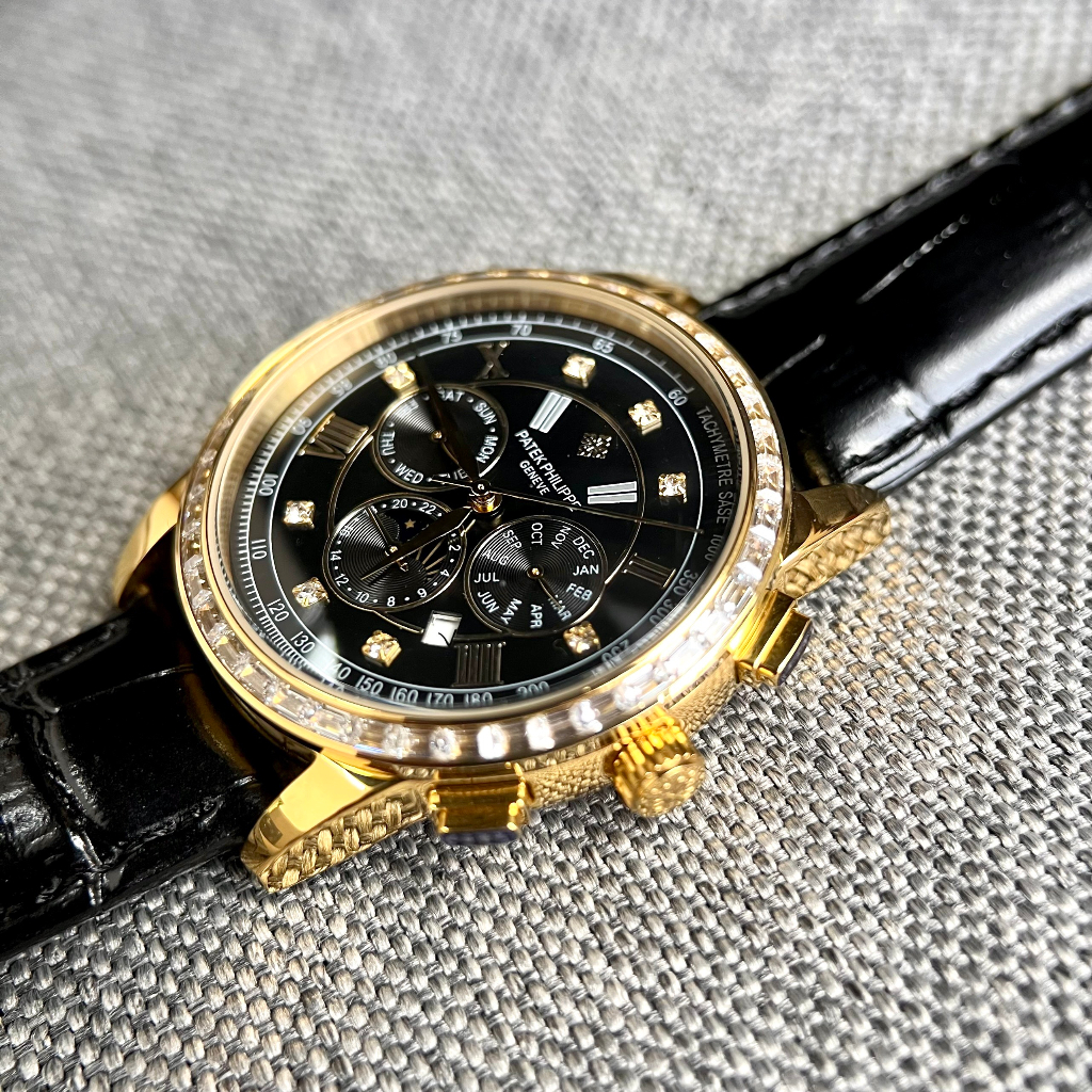 Đồng hồ Nam Ptek mặt đen vành đá vuông trăng sao máy nhật chạy cơ Automatic có thứ ngày tháng vỏ vàng gold dây da