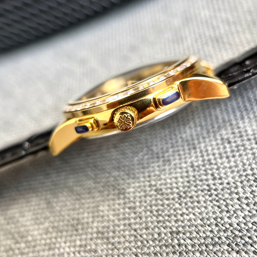 Đồng hồ Nam Ptek mặt đen vành đá vuông trăng sao máy nhật chạy cơ Automatic có thứ ngày tháng vỏ vàng gold dây da