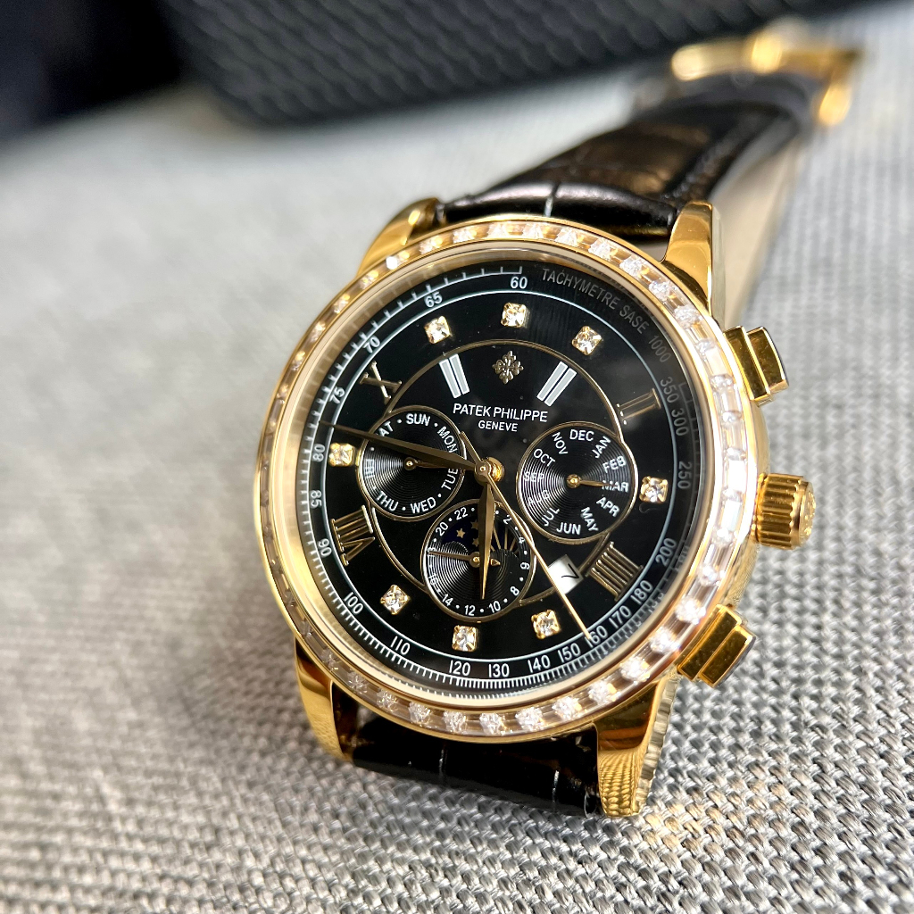 Đồng hồ Nam Ptek mặt đen vành đá vuông trăng sao máy nhật chạy cơ Automatic có thứ ngày tháng vỏ vàng gold dây da