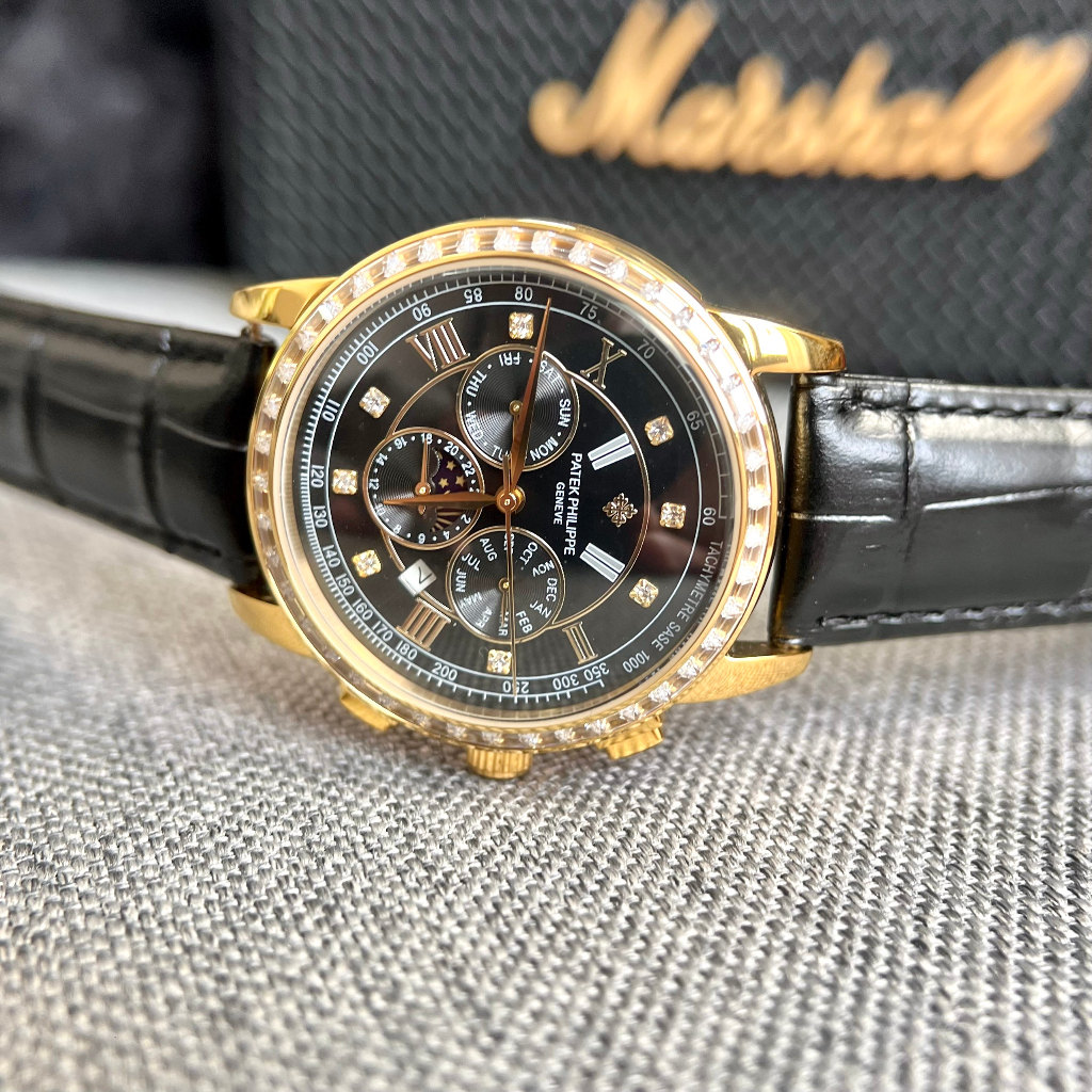 Đồng hồ Nam Ptek mặt đen vành đá vuông trăng sao máy nhật chạy cơ Automatic có thứ ngày tháng vỏ vàng gold dây da