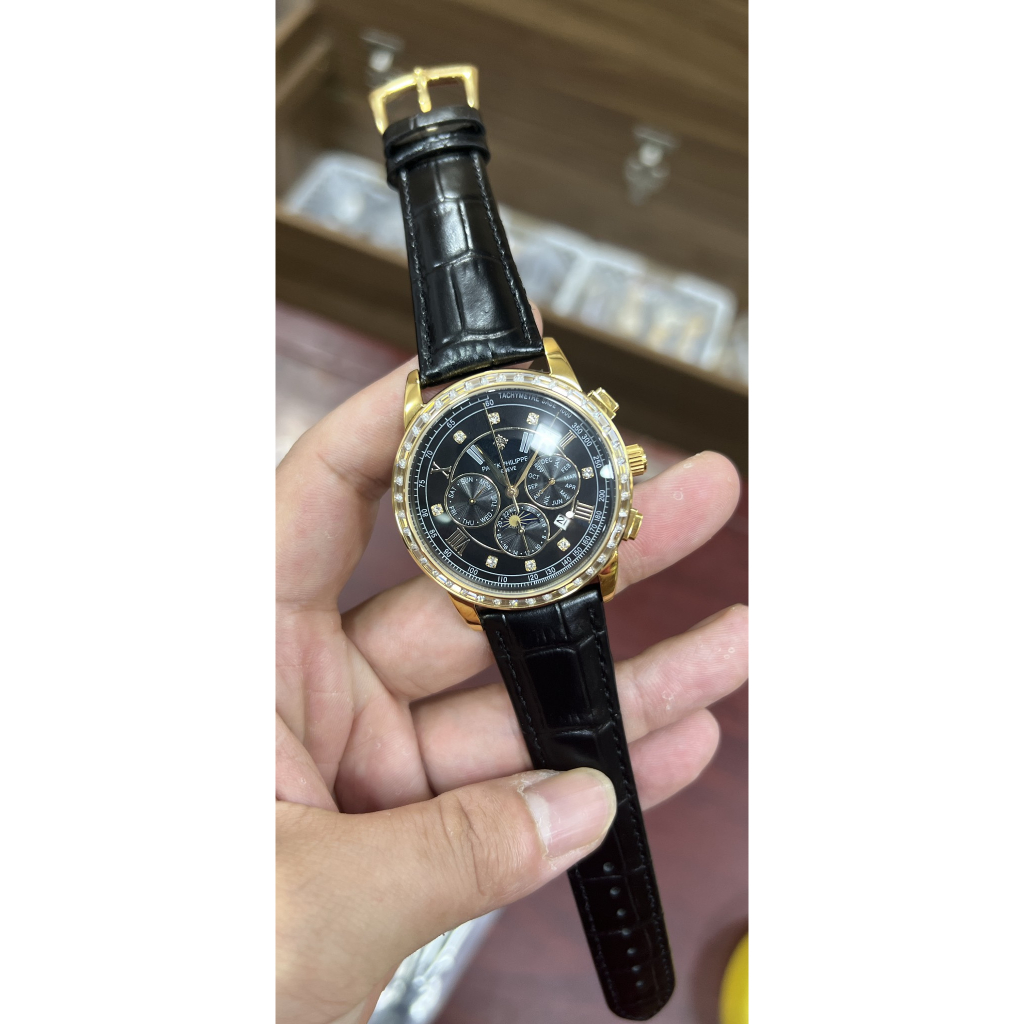 Đồng hồ Nam Ptek mặt đen vành đá vuông trăng sao máy nhật chạy cơ Automatic có thứ ngày tháng vỏ vàng gold dây da