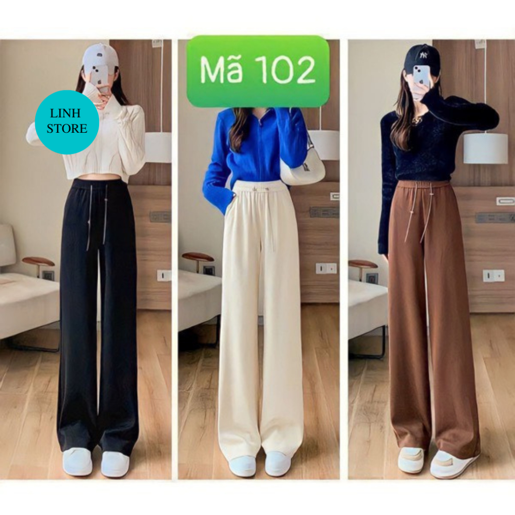 Quần Ống Rộng Nữ Lưng Cao Có Dây Xích Trên Rốn, Quần Bigsize Ống Rộng Có Đến 90KG Dài Từ 97 Đến 100CM Chất Liệu Suông Gâ