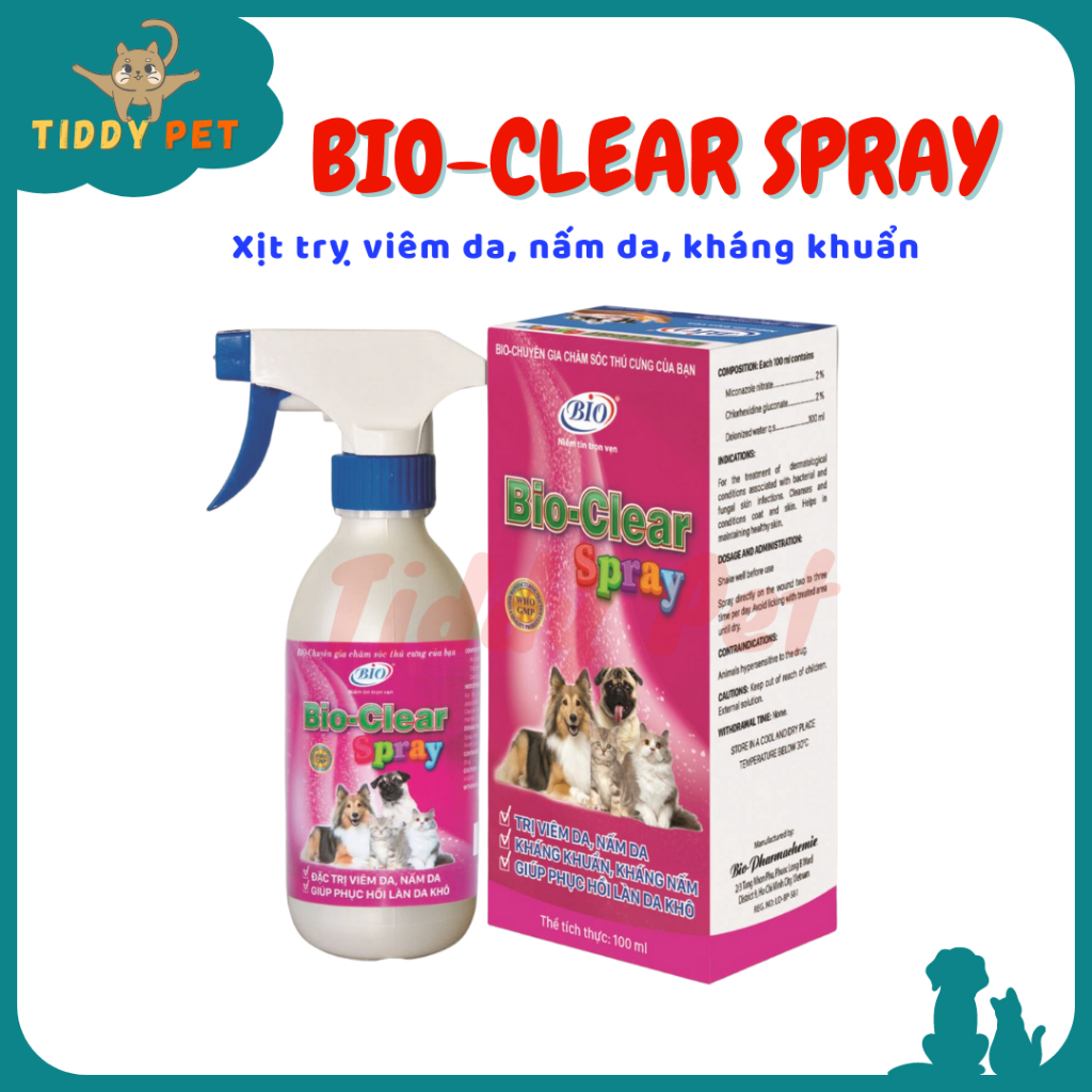 Bio CLEAR SPRAY Chai Xịt Nấm Da, Viêm Da, Giúp Phục Hồi Làn Da Cho Chó Mèo