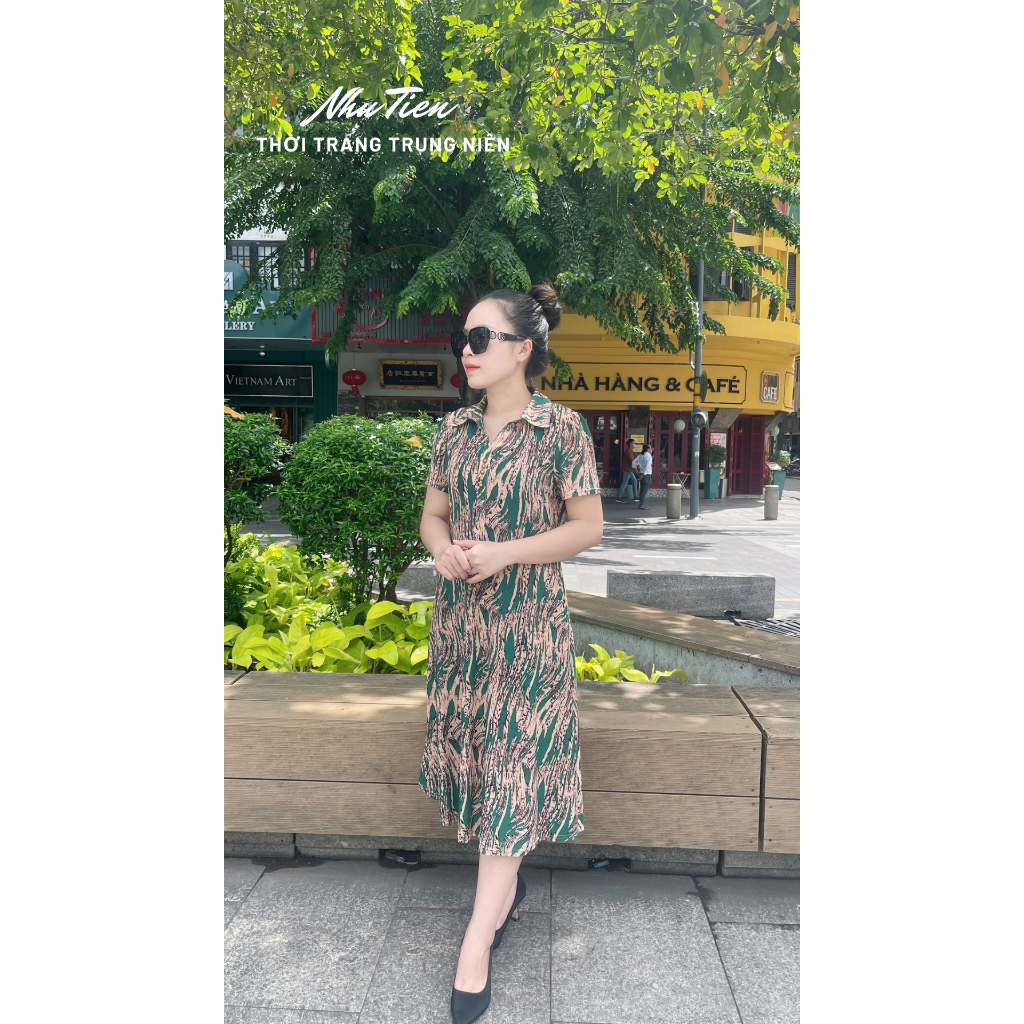 Đầm thun trung niên quảng châu, form co giãn tay ngắn cổ sơ mi