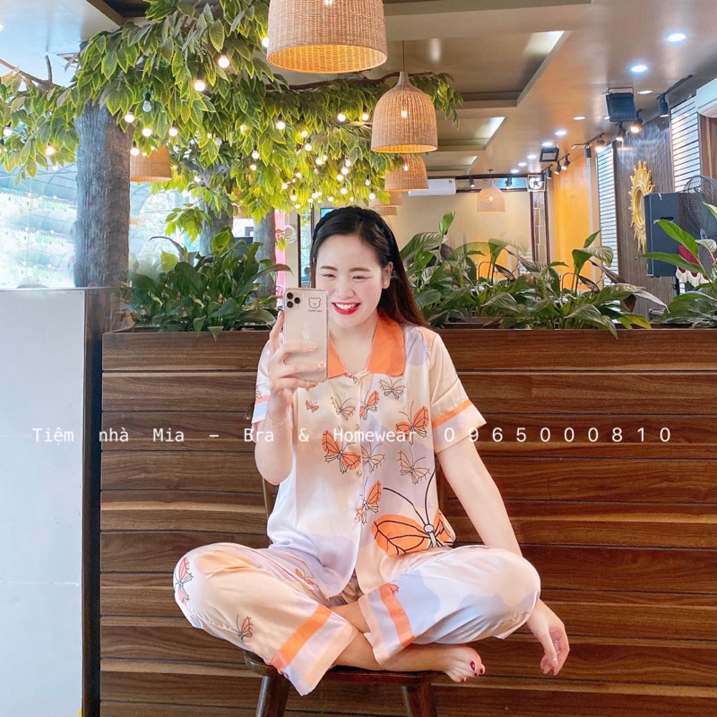 Đồ bộ Pyjama lụa cao cấp hoạ tiết hoa cam