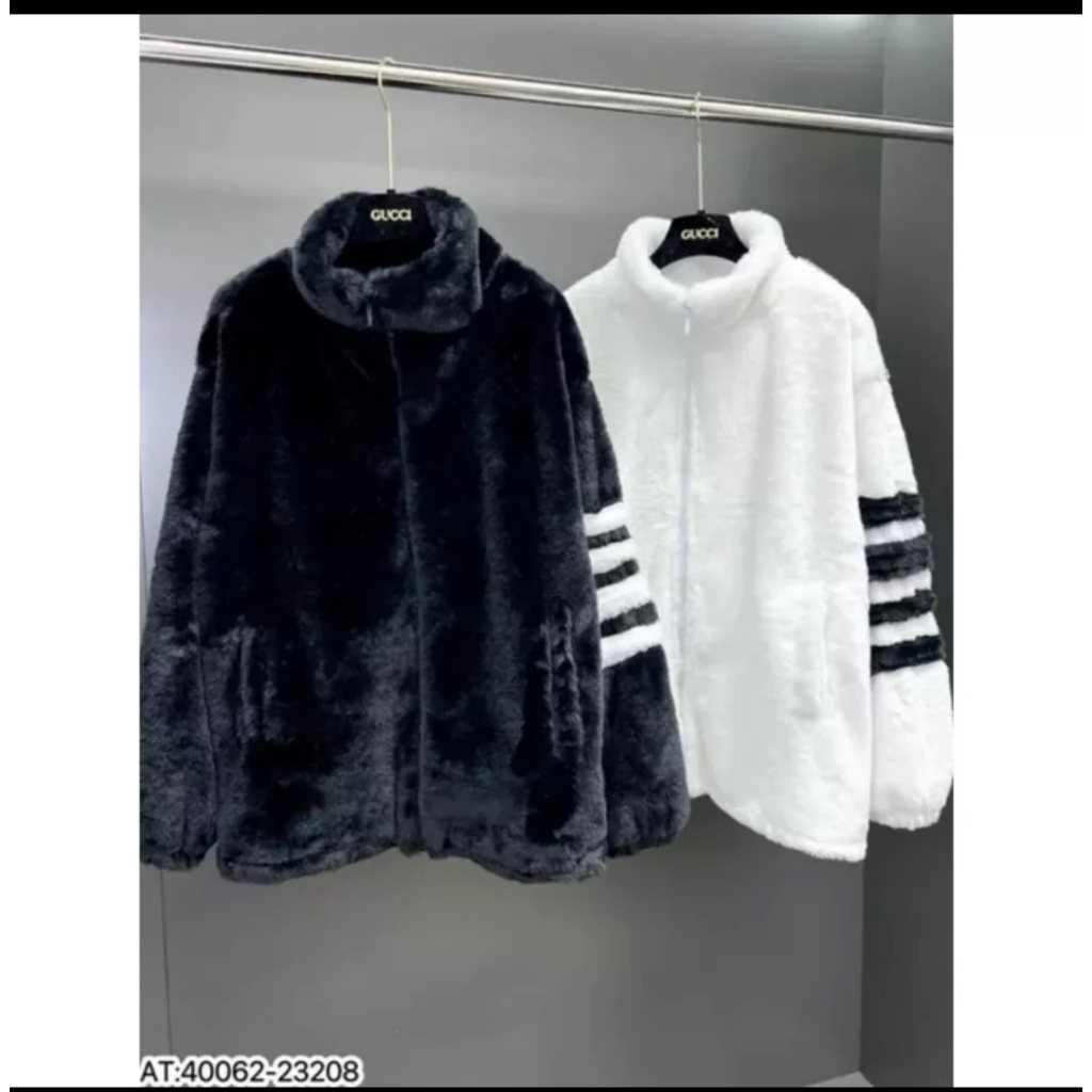 Áo Khoác Lông Thome Mượt Dày Dặn Cao Cấp - Áo Khoác Lông Cừu Phối 4 Sọc Tay Fom Dáng Unisex Nam Nữ