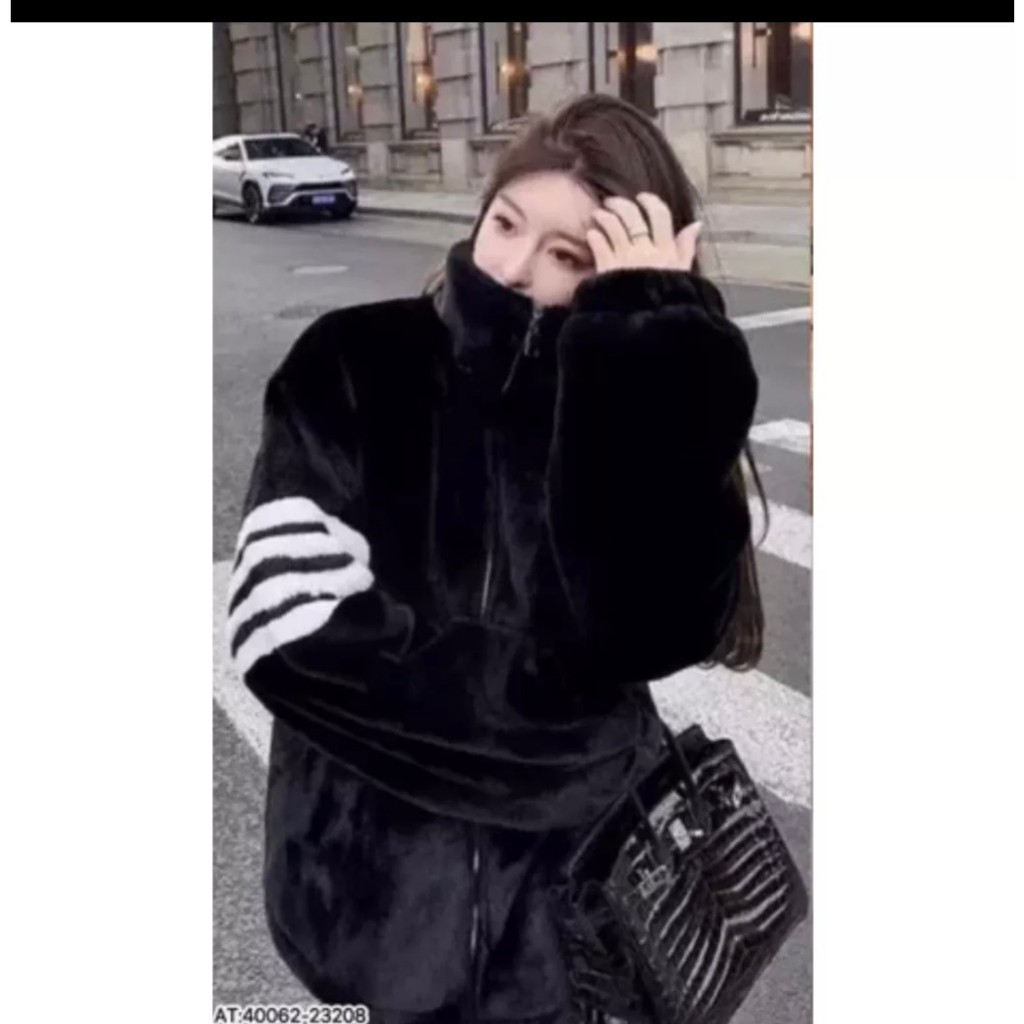 Áo Khoác Lông Thome Mượt Dày Dặn Cao Cấp - Áo Khoác Lông Cừu Phối 4 Sọc Tay Fom Dáng Unisex Nam Nữ