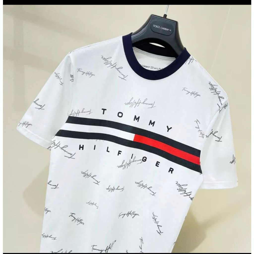 Áo Phông Tommy Chữ Kí Thêu Vạch Sọc Trắng Đỏ-Áo Thun Tommy Thêu Phong Cách Boy Phố Chất Cotton Lạnh Siêu Mát