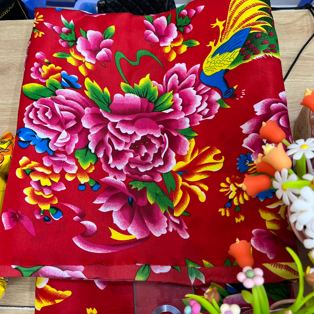 Vải chăn con công long phụng decor trung thu,tết khổ 1,6x2m