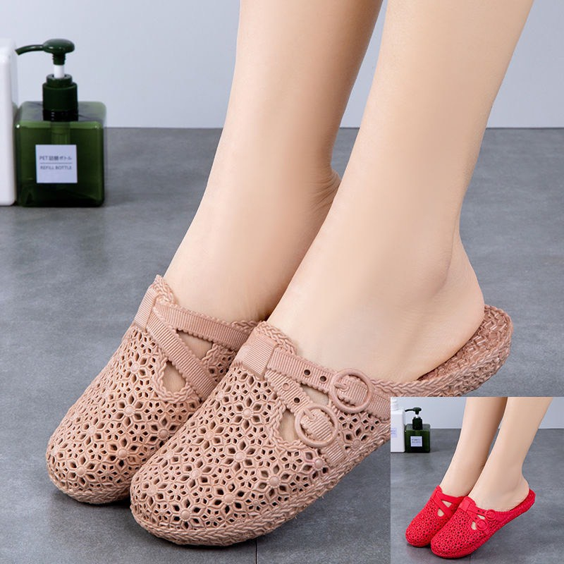 Dép Lê Nữ Sục Nhựa Dẻo Thiết Kế Hoa Văn Chéo Nơ Thời Trang, Dép Bít Mũi Nữ Siêu Êm Chân Đi Mưa Chống Trơn Trượt Tiện Lợi