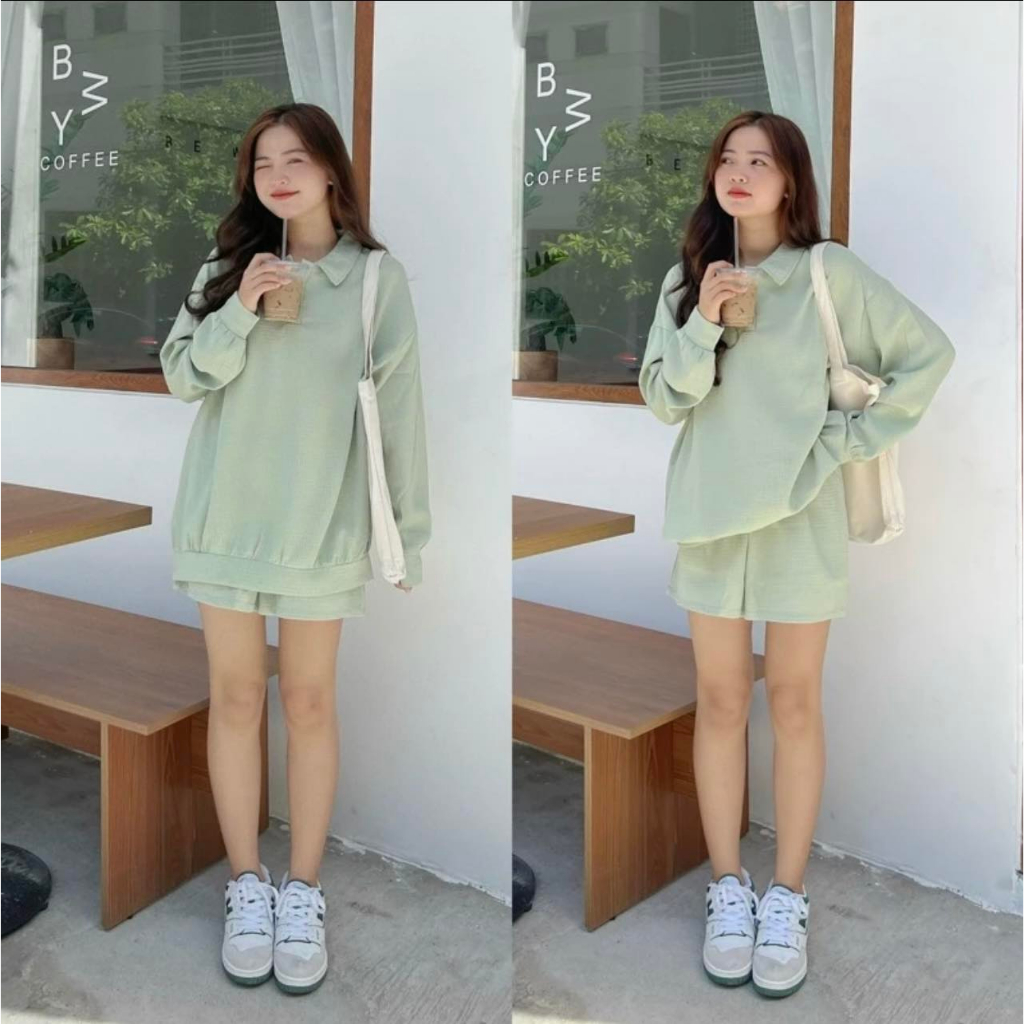 Set bộ đồ nữ thu đông áo dài tay cổ hai khuy mix quần short đùi chất xốp tổ ong thoáng kiểu dáng năng động trẻ trung