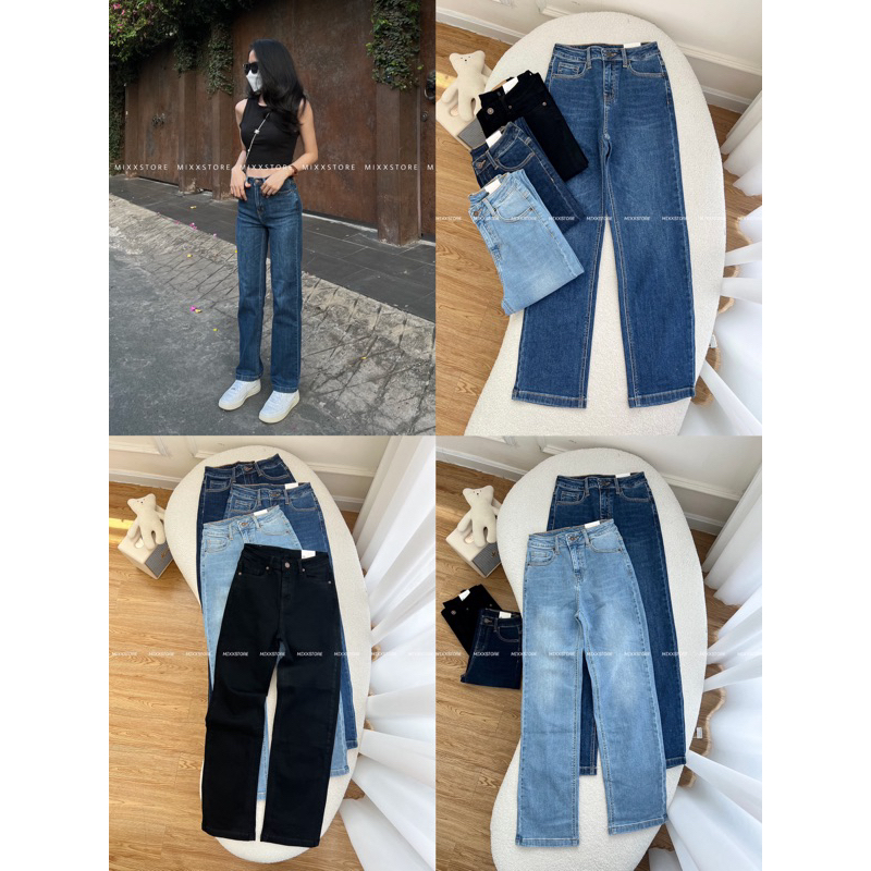 Quần Jean Nữ Ống Đứng lưng cao chất jean co giãn dày dặn phom tôn dáng