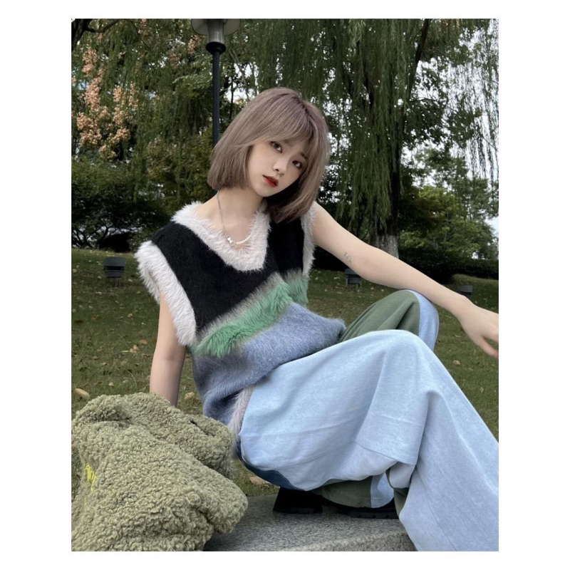 Gile Len Lông Cổ V Hoạ Tiết Ngang Phối Màu Phong Cách Hàn Quốc Dễ Thương ❤️
