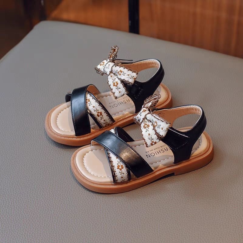 Sandal quai chéo thêu hoa vintage cho bé gái đi học - Dép quai hậu đính nơ vải thêu hoa nổi bật cho bé mã hàng full box