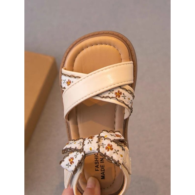 Sandal quai chéo thêu hoa vintage cho bé gái đi học - Dép quai hậu đính nơ vải thêu hoa nổi bật cho bé mã hàng full box