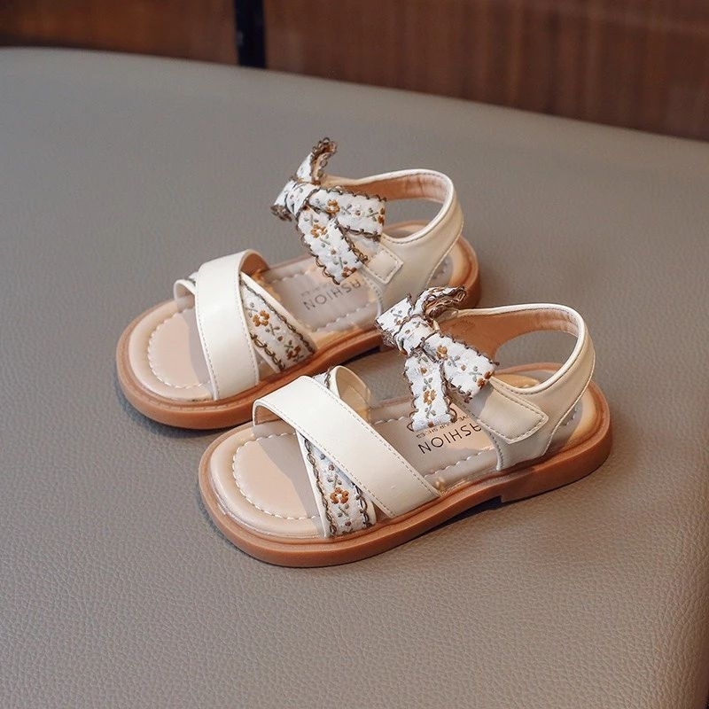 Sandal quai chéo thêu hoa vintage cho bé gái đi học - Dép quai hậu đính nơ vải thêu hoa nổi bật cho bé mã hàng full box