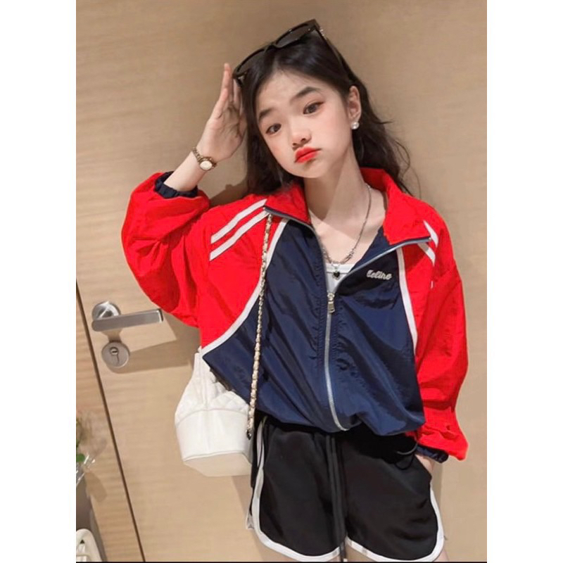13-27kg  áo gió thể thao 2 lớp phối màu đỏ đen cho bé trai và bé gái