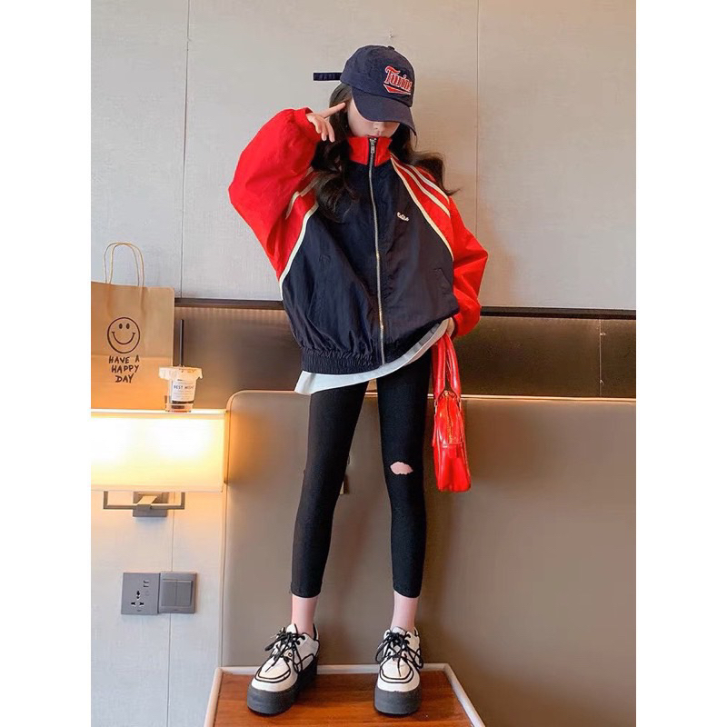 13-27kg  áo gió thể thao 2 lớp phối màu đỏ đen cho bé trai và bé gái