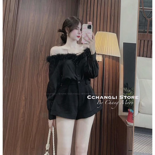 Áo sơ mi trễ vai phối lông siêu hot  2023 (kèm ảnh thật)