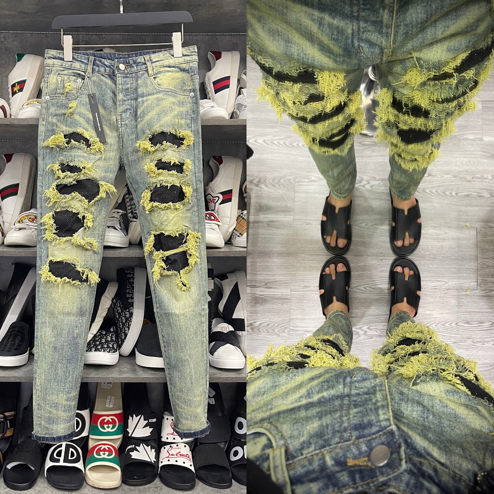 Quần jean bò nam Amiri slimfit wash xanh vàng rách xù dọc đùi vá vải đính đá đen 4 cúc chữ boy phố QJ299P