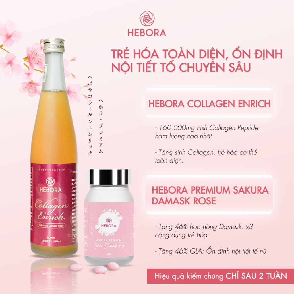 Combo nước uống Hebora Collagen Enrich 500ml và viên uống tỏa hương Hebora Premium Hộp 60 viên