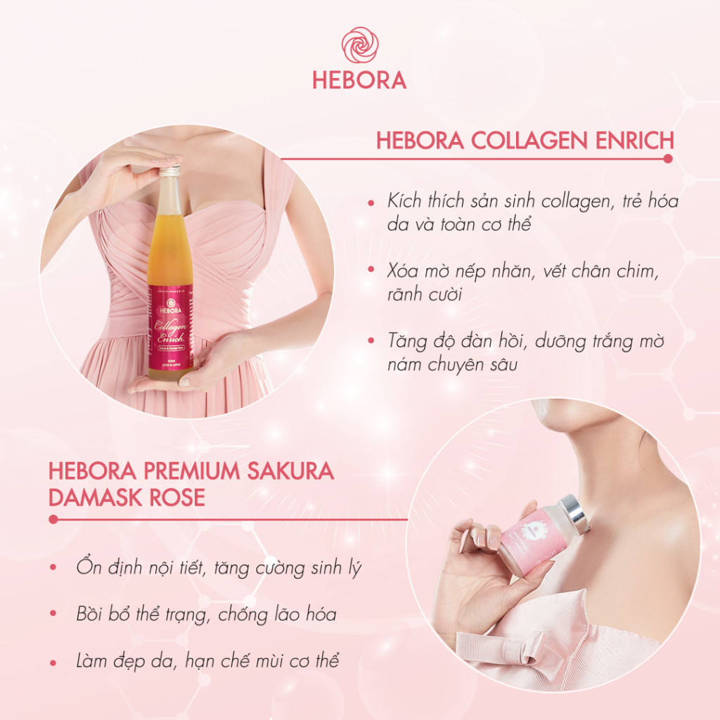 Combo nước uống Hebora Collagen Enrich 500ml và viên uống tỏa hương Hebora Premium Hộp 60 viên