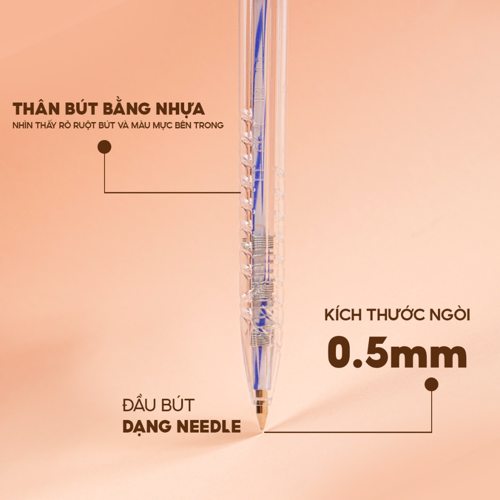 Combo 5 Bút Bi Thiên Long FO-039  ngòi 0.5mm mực xanh/đỏ/đen thiết kế đầu bấm mực đạt tiêu chuẩn quốc tế