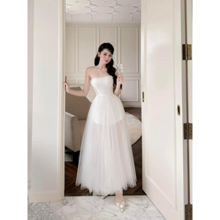 D121 Cabernet Đầm Queen white Dress đính đá sang trọng dáng dài chất voan