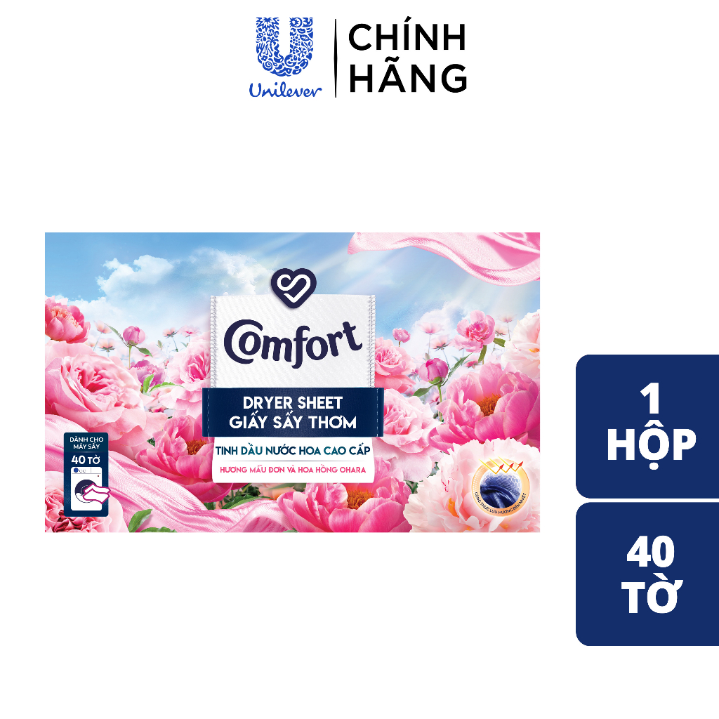 Giấy Thơm Comfort Hương Mẫu Đơn Và Hoa Hồng Ohara 40 tờ, Dành Cho Máy Sấy Quần Áo, Tủ Quần Áo