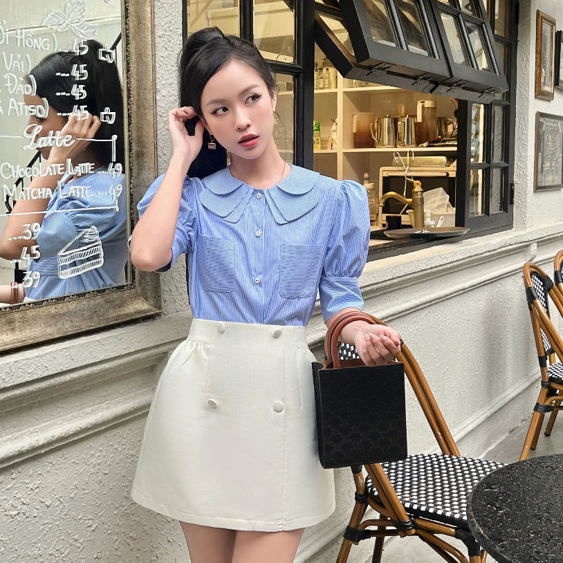 Áo Sơ Mi Kiểu Nữ Cổ Bèo Nhiều Tầng Phối Tay Bồng Form Vừa Tiểu Thư Màu Trắng & Kẻ Xanh Đi Làm, Đi Học - Lucia Shirt