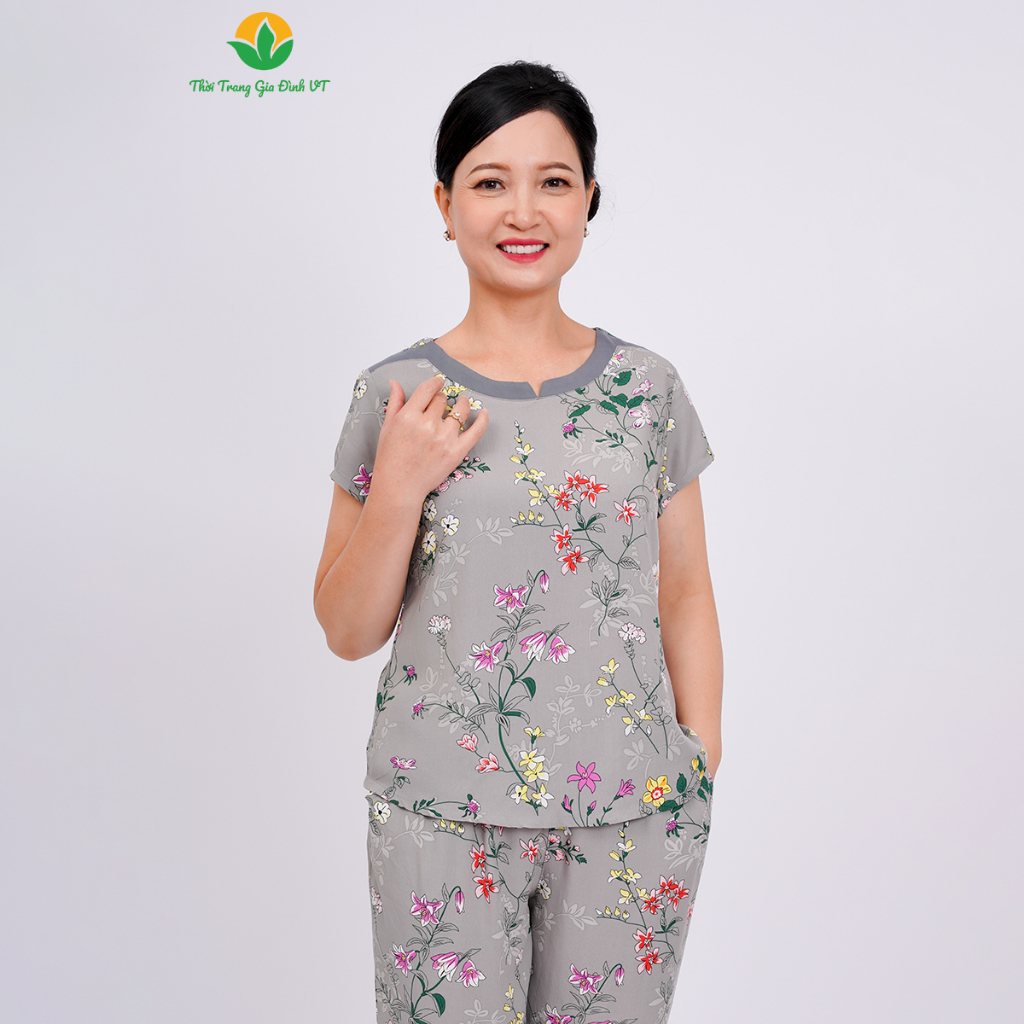 Đồ bộ mặc nhà trung niên mùa hè Việt Thắng, quần lửng, áo cộc tay, chất Lanh - B06.2314