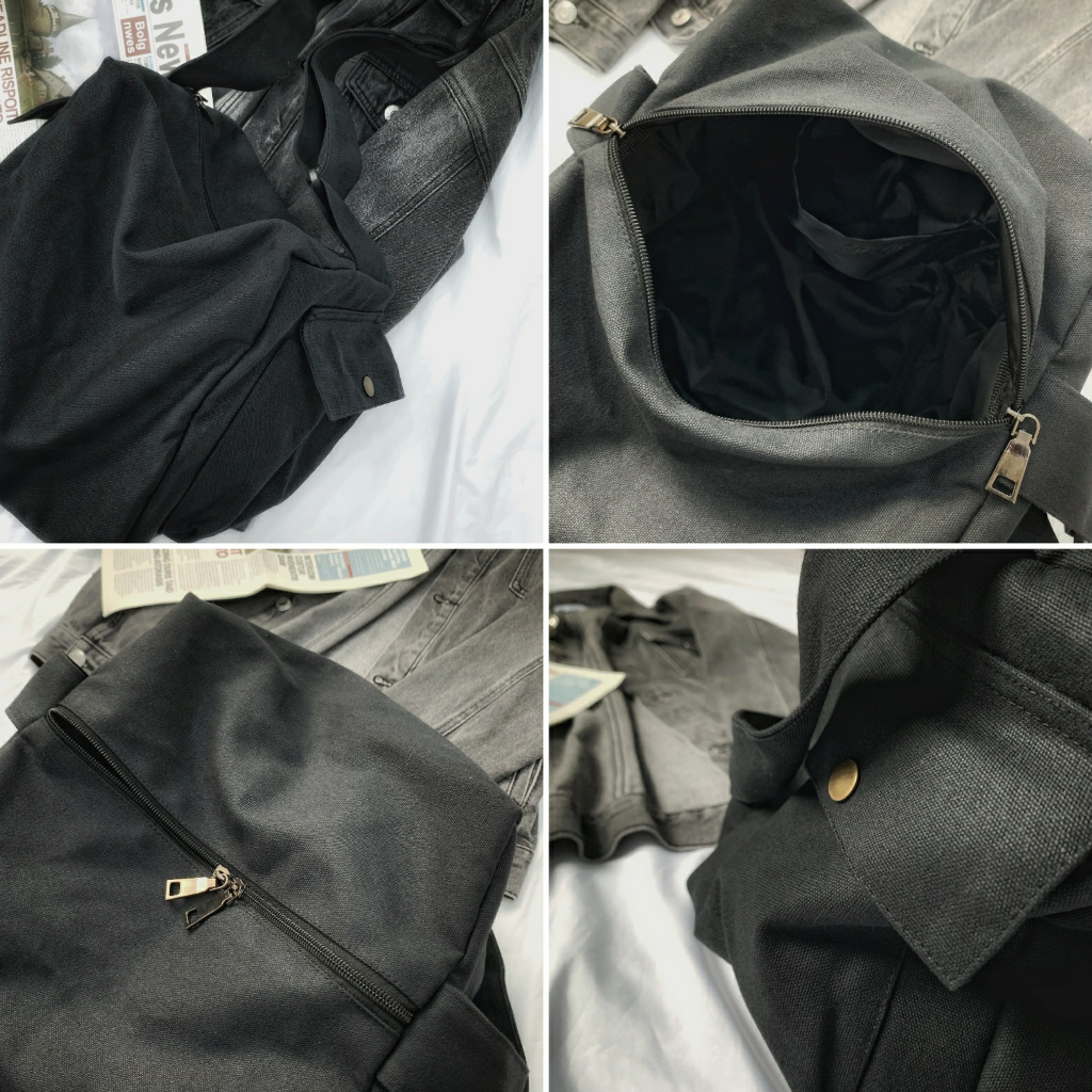 Túi đeo chéo vải canvas 2 túi hộp bên hông kiểu dáng hiện đại